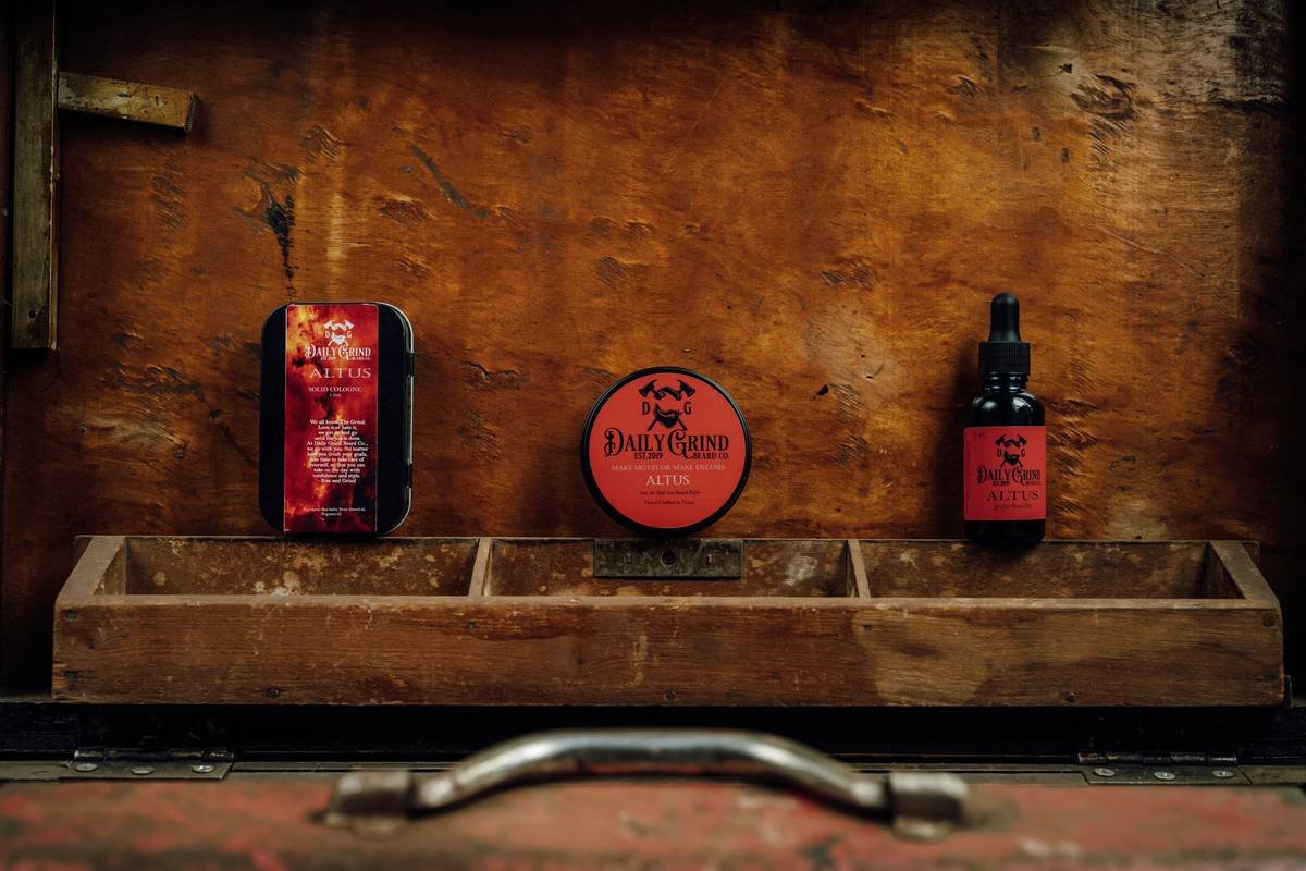 Product photo of Altus beard care products by Daily Grind Beard Co. Product Photography by Lance Reis. I added elements of citrus, coffee, and tools to visually showcase the scents you can expect with Altus.
